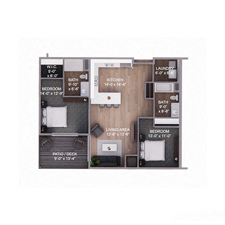 Floor plan for 2 beds, 2 baths, 1015 sqft
